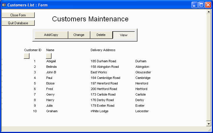 Customer Maintenance Screen